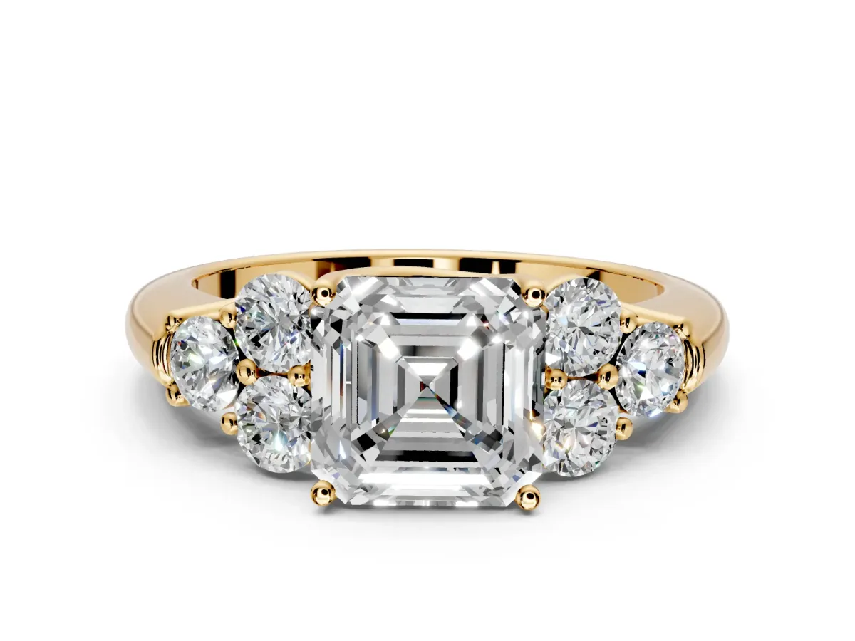 Cluster Engagement Ring Setting for Asscher Cut Center with Round Cut Accent Frame and Prong Head in Yellow Gold