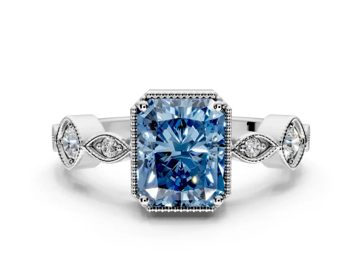Vintage Station Engagement Ring Setting for Fancy Blue Radiant Cut Center with Accents and Prong Head in Sterling Silver