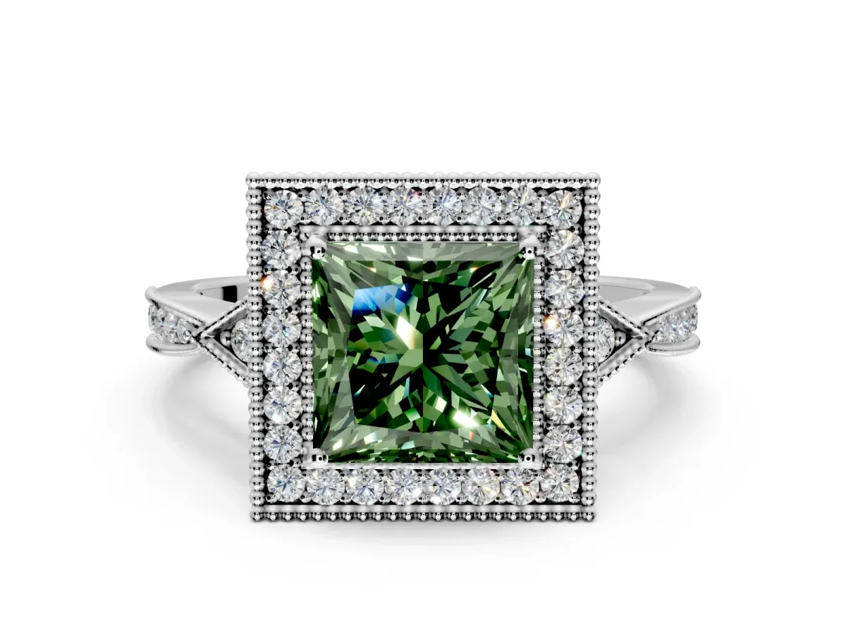 Halo Engagement Ring Setting for Fancy Green Princess Cut Center with Milgrain Rim, Pave Band and Prong Head in Sterling Silver