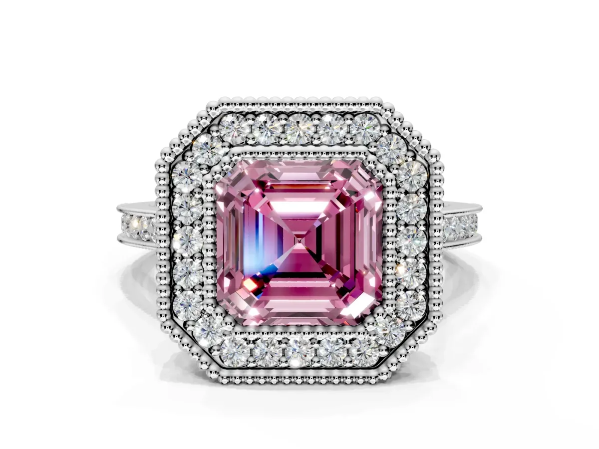 Halo Engagement Ring Setting for Fancy Pink Asscher Cut Center with Milgrain Frame, Pave Band and Prong Head in Platinum