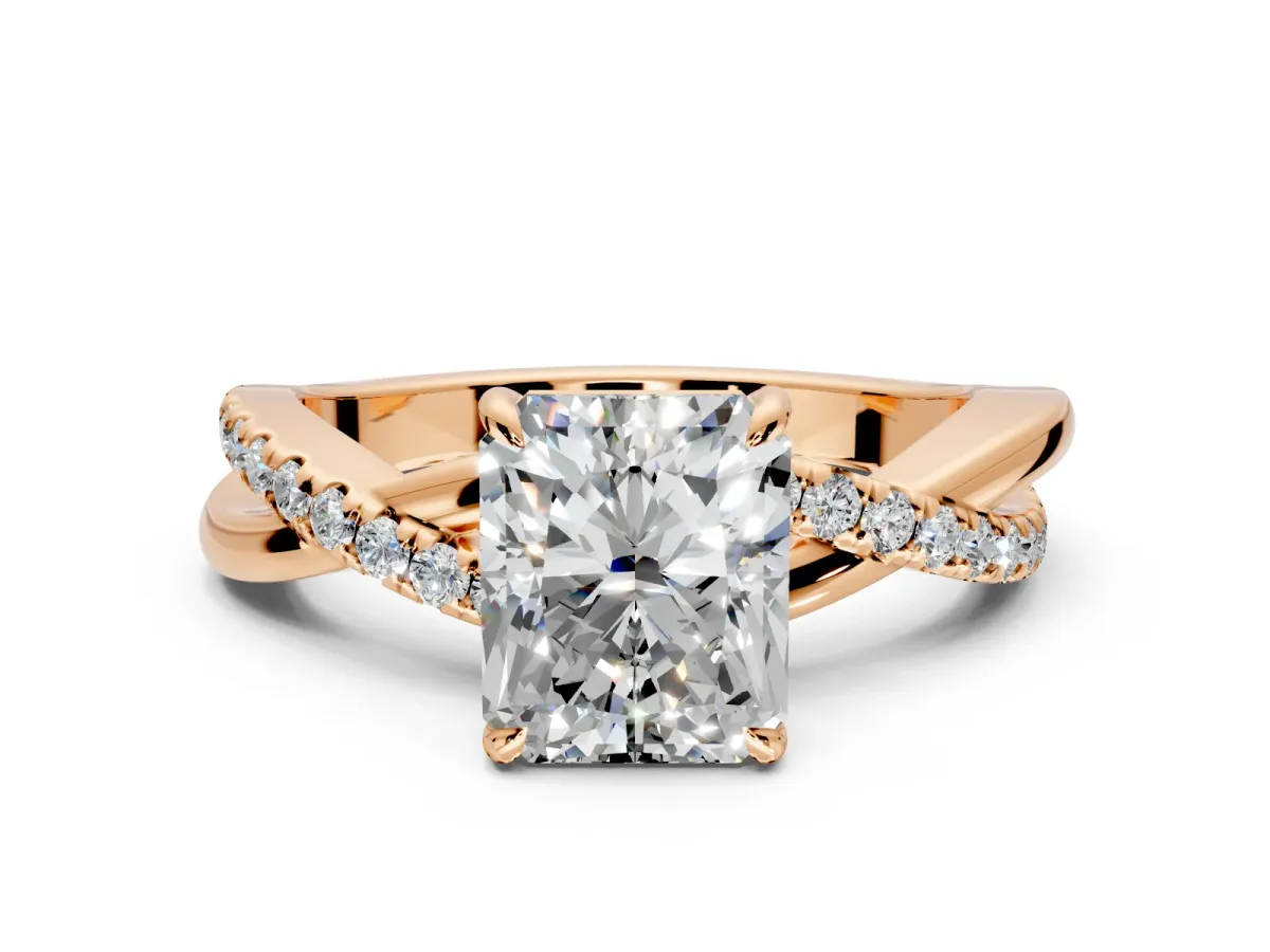 Crossover Engagement Ring Setting for Radiant Cut Center with Pave and Plain Strands and Prong Head in Rose Gold