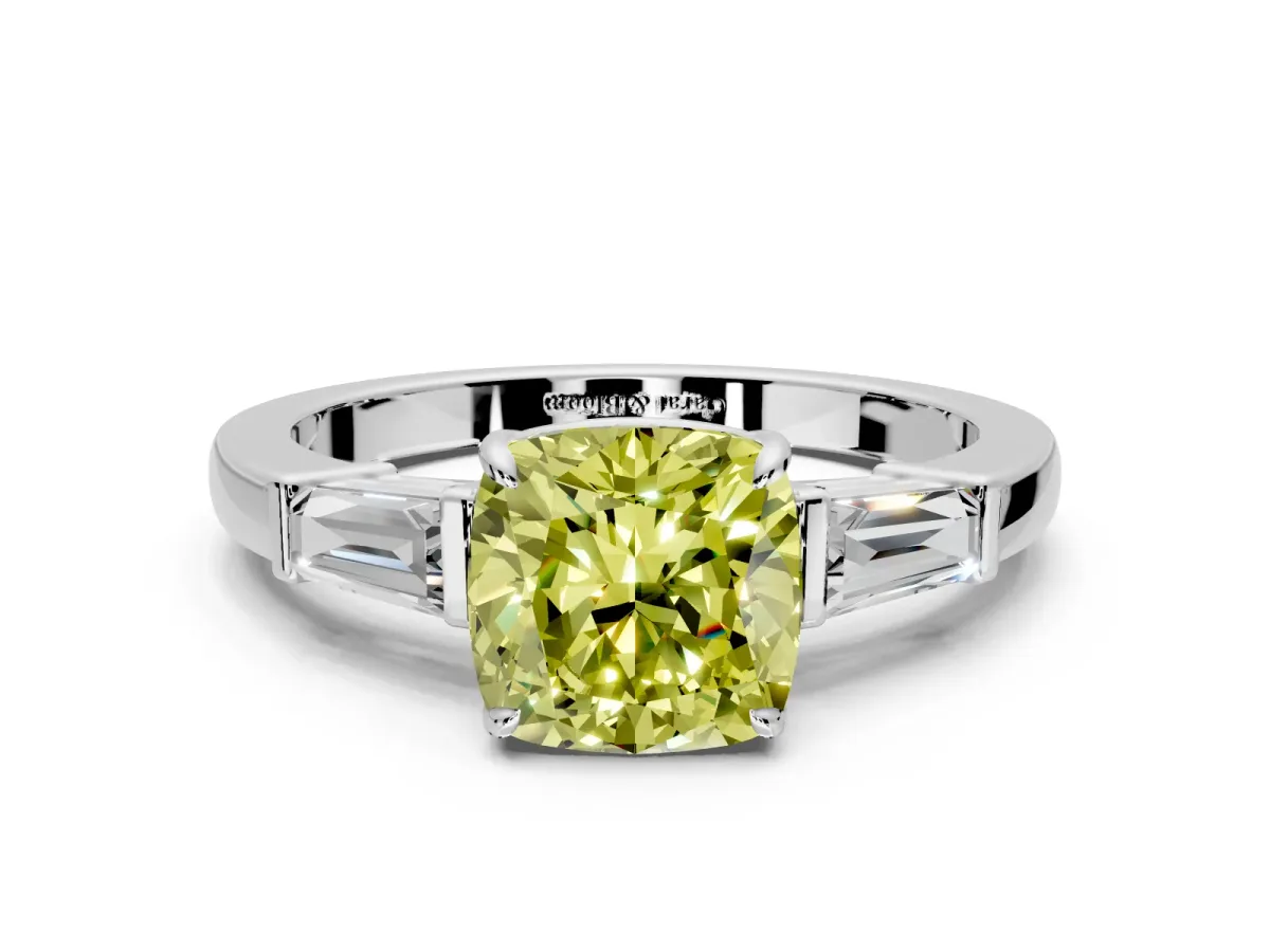 3 Stone Engagement Ring Setting for Fancy Yellow Cushion Cut Center with Baguette Accents and Prong Head in Platinum