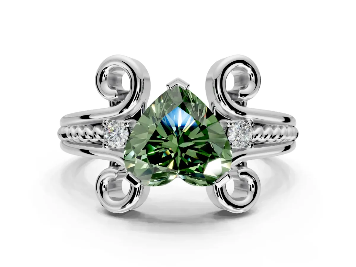 Solitaire Engagement Ring Setting for Fancy Green Heart-Shaped Center with Twisted Band and Scroll Prong Head in Platinum