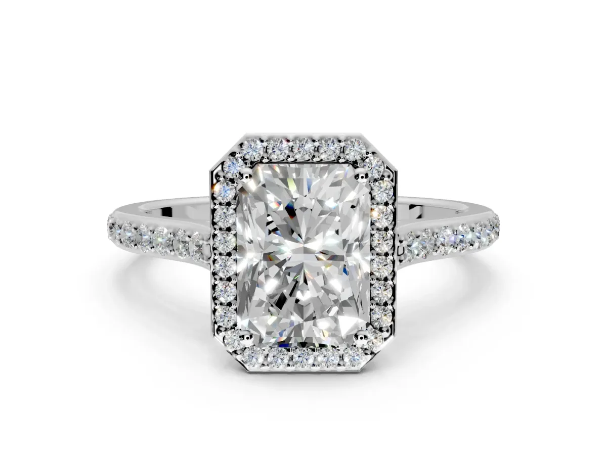 Halo Engagement Ring Setting for Radiant Cut Center with Pave Accents, Heart Basket and Prong Head in Platinum