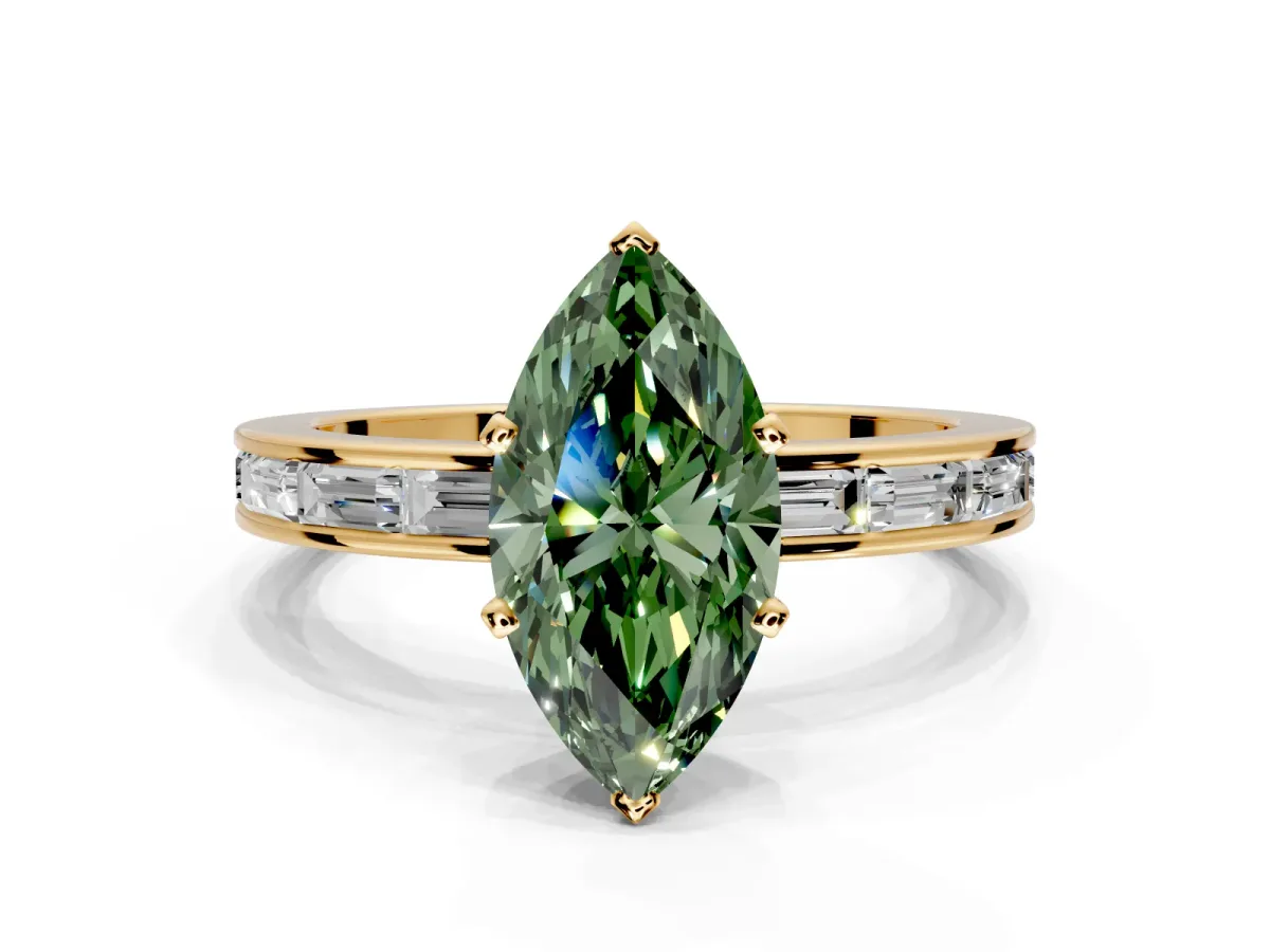 Solitaire Engagement Ring Setting for Fancy Green Marquise Center with Channel Baguette Band and Prong Head in Yellow Gold