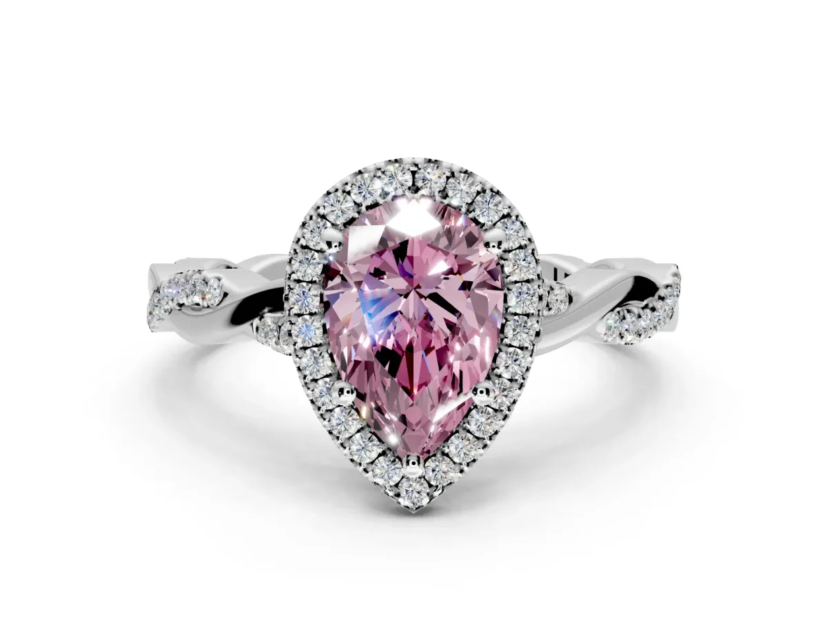 Halo Engagement Ring Setting for Fancy Pink Pear-Shaped Center with Pave and Plain Twist Band and Prong Head in Sterling Silver