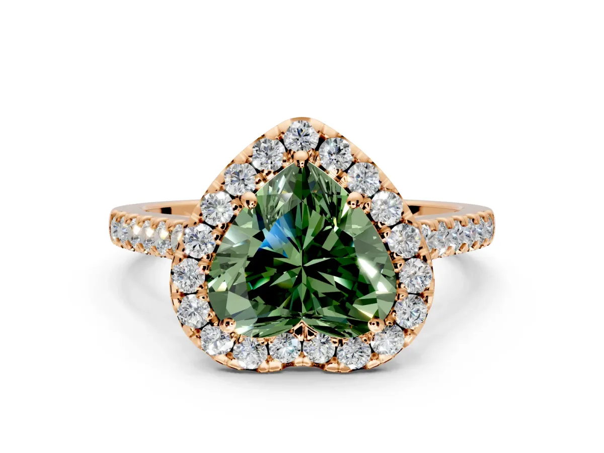 Halo Engagement Ring Setting for Fancy Green Heart-Shaped Center with Narrowing Pave Band and Prong Head in Rose Gold