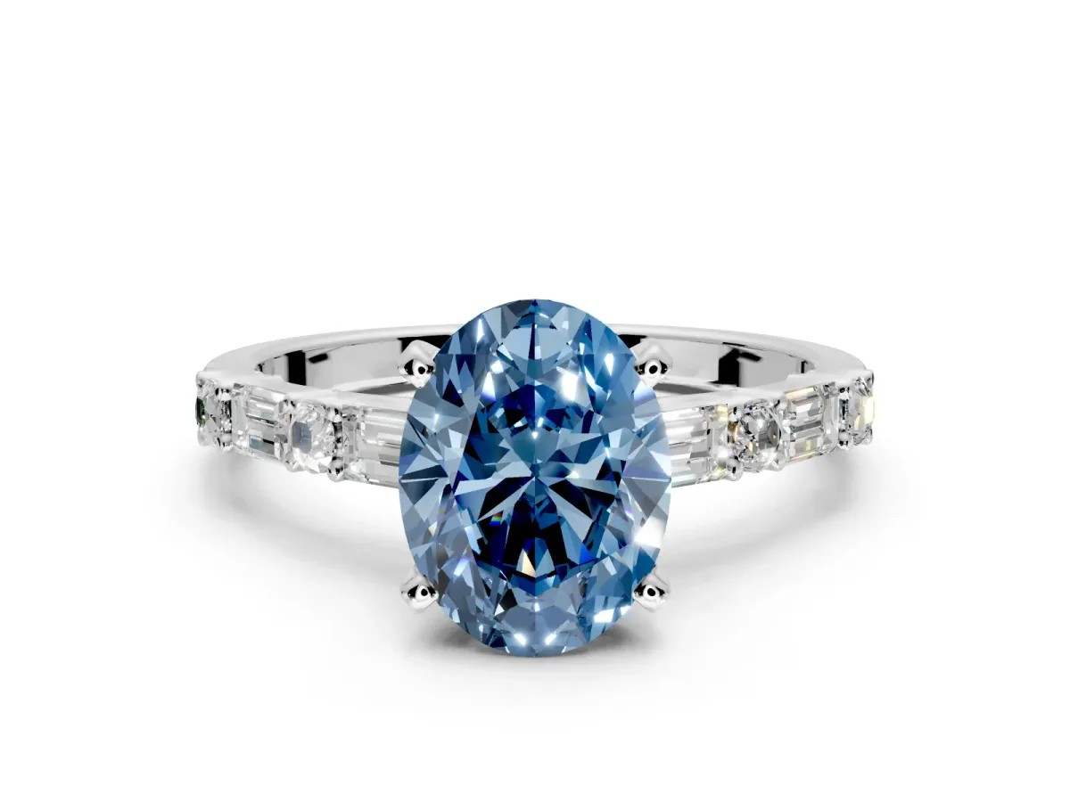 Baguette Engagement Ring Setting for Fancy Blue Oval Center with Alternating Bar-Set Band and Prong Head in Sterling Silver