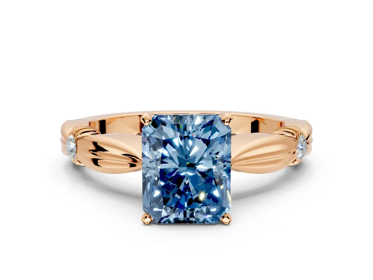 Solitaire Engagement Ring Setting for Fancy Blue Radiant Cut Center with Carved Leaf Shoulders and Prong Head in Rose Gold