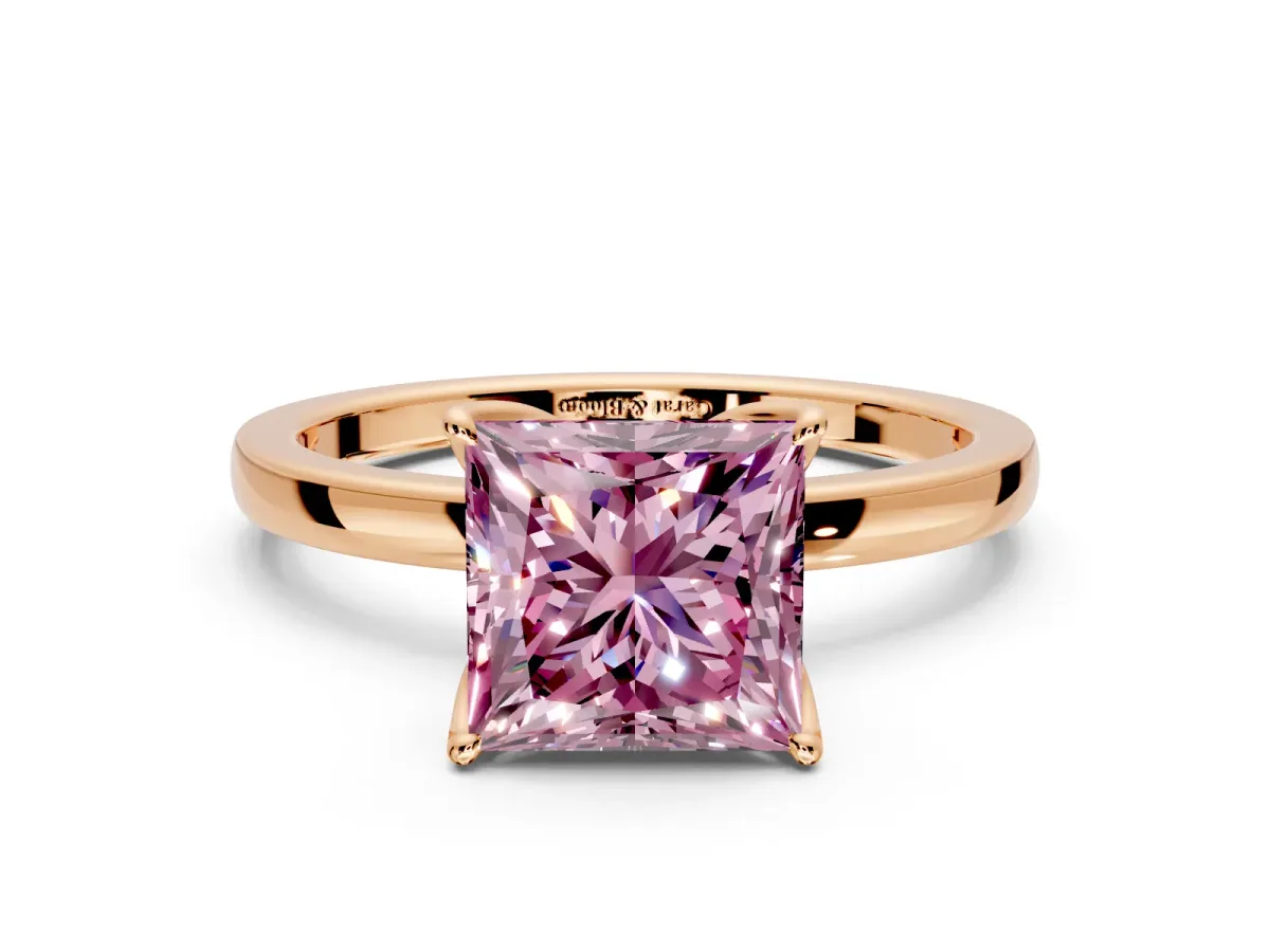Solitaire Engagement Ring Setting for Fancy Pink Princess Cut Center with Thin Rounded Plain Band and Prong Head in Rose Gold