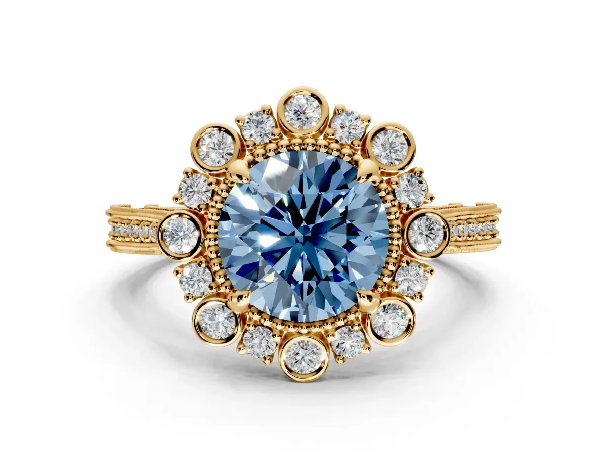 Milgrain Halo Engagement Ring Setting for Fancy Blue Round Cut Center with Bezel Point Accents and Prong Head in Yellow Gold