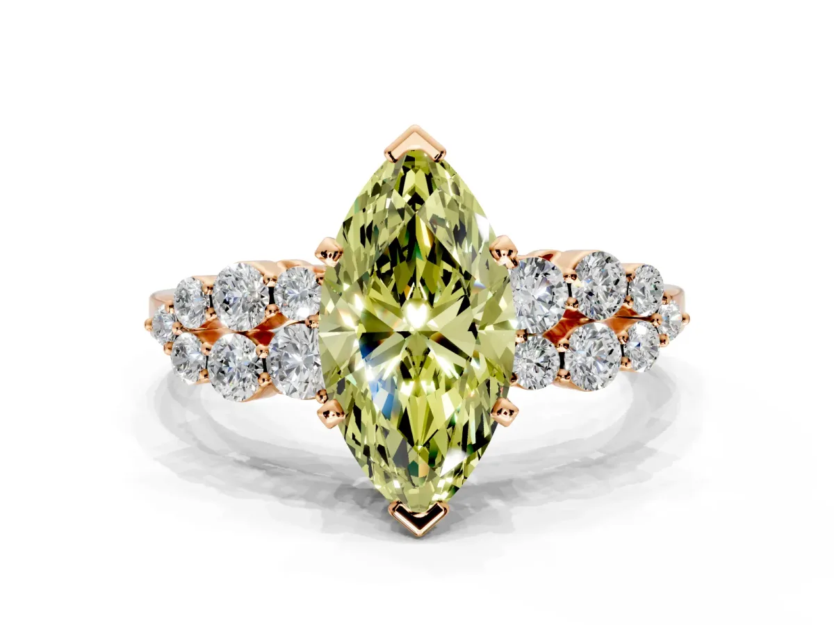 Cluster Engagement Ring Setting for Fancy Yellow Marquise Center with 2-Row Shoulder Clusters and Prong Head in Rose Gold