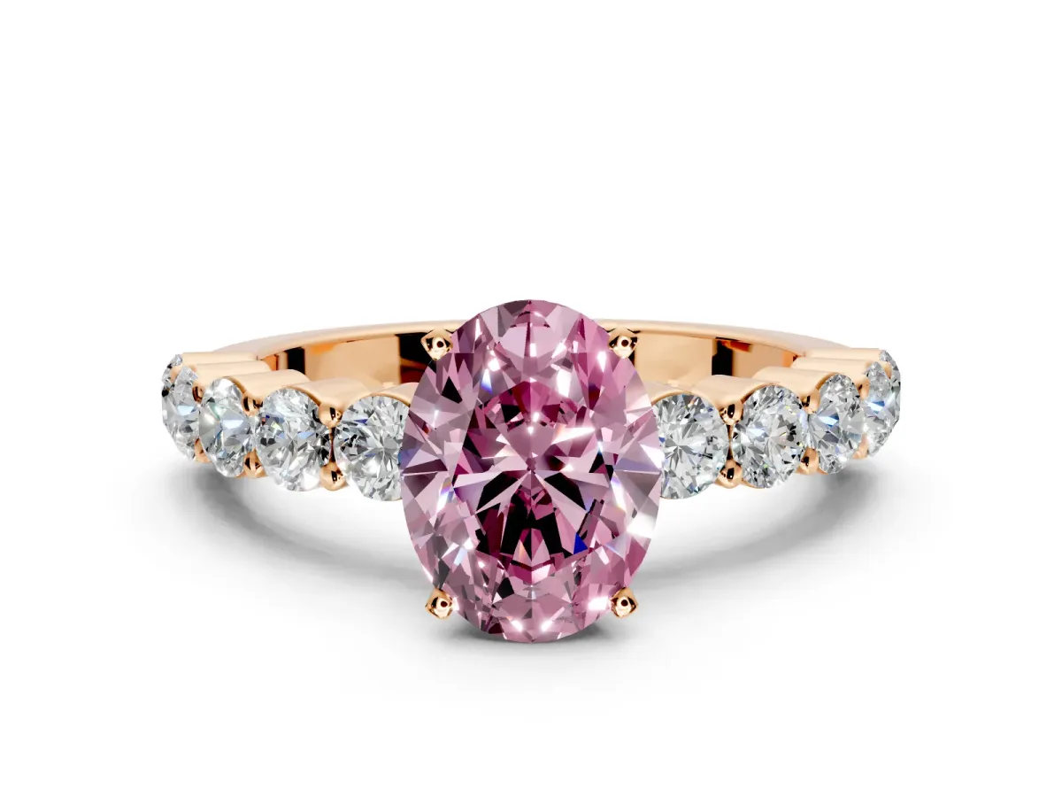 Shared-Prong Engagement Ring Setting for Fancy Pink Oval Center with Graduated Accents and Prong Head in Rose Gold