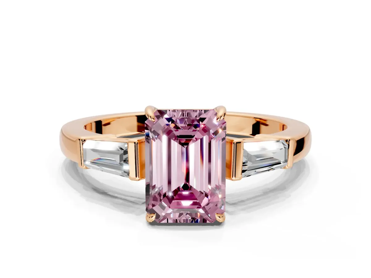 3 Stone Engagement Ring Setting for Fancy Pink Emerald Cut Center with Baguette Accents and Prong Head in Rose Gold