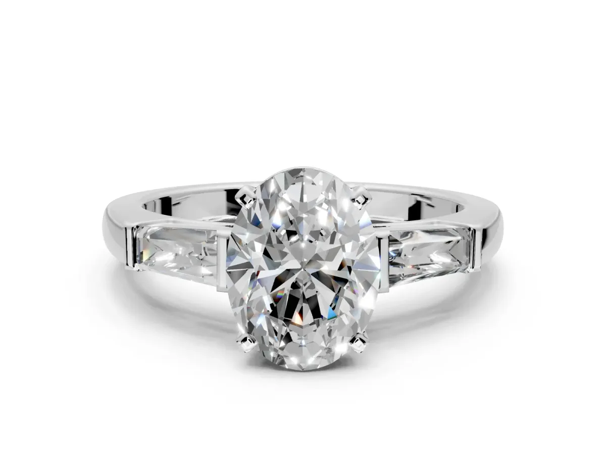 3 Stone Engagement Ring Setting for Oval Center with Tapered Baguettes, Plain Band and Prong Head in Platinum