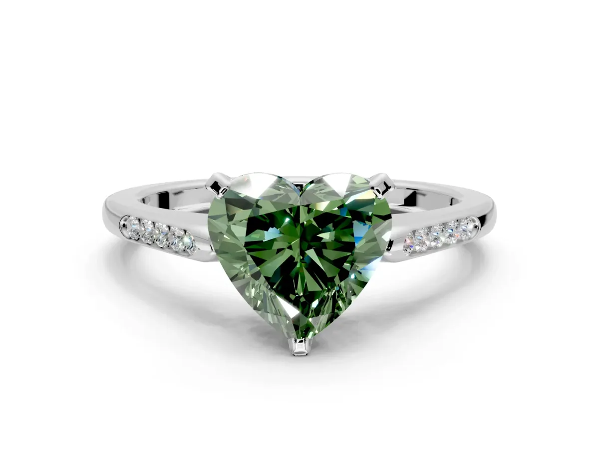 Solitaire Engagement Ring Setting for Fancy Green Heart-Shaped Center with Channel Accents and Prong Head in White Gold