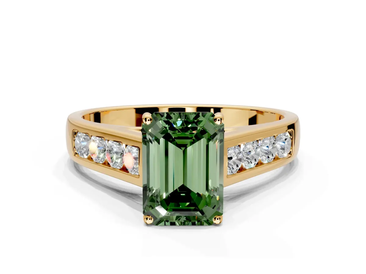 Solitaire Engagement Ring Setting for Fancy Green Emerald Cut Center with Round Cut Channel Band and Prong Head in Yellow Gold