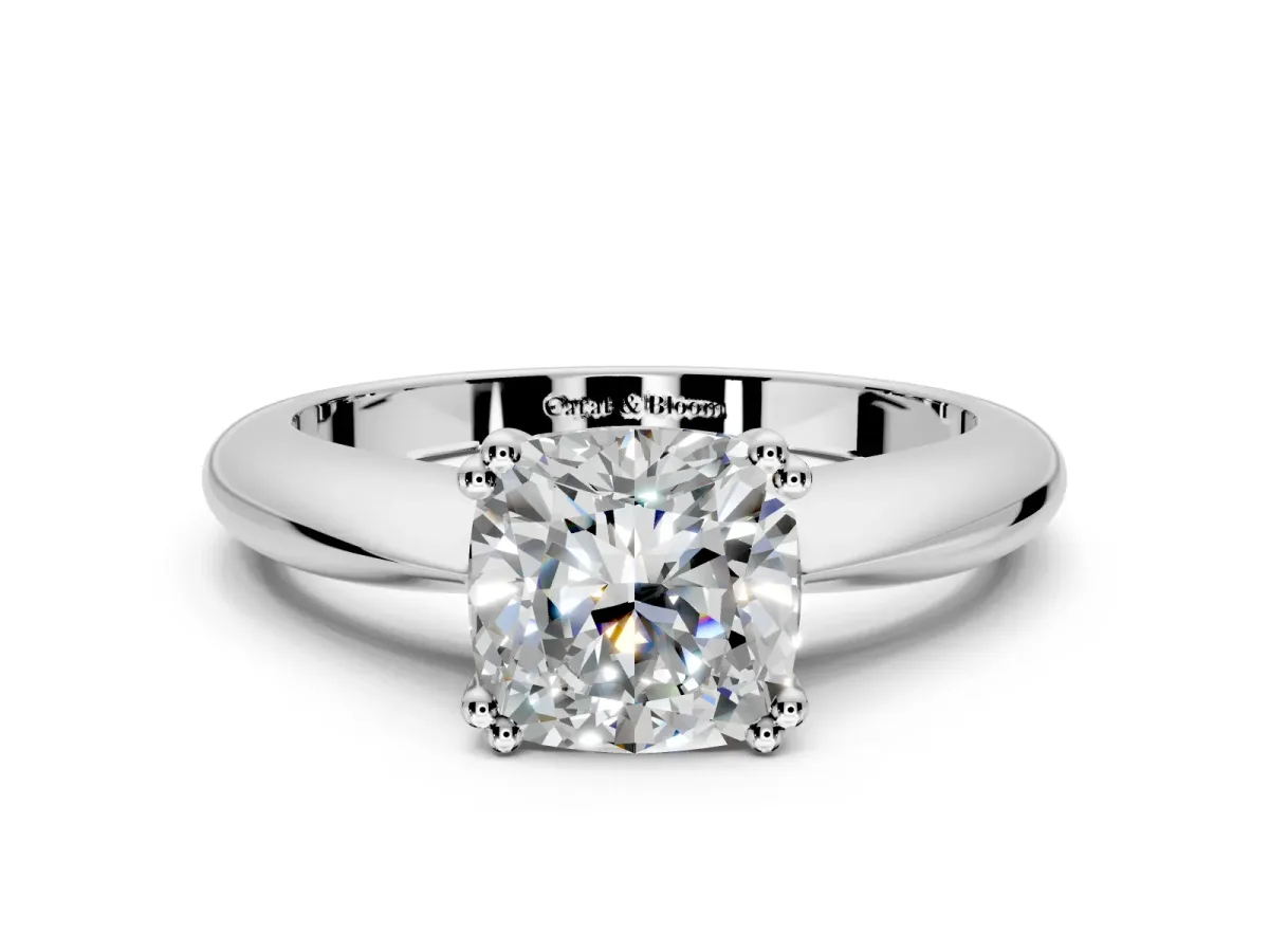 Solitaire Engagement Ring Setting for Cushion Cut Center with Reverse Tapered Band and Prong Head in Sterling Silver
