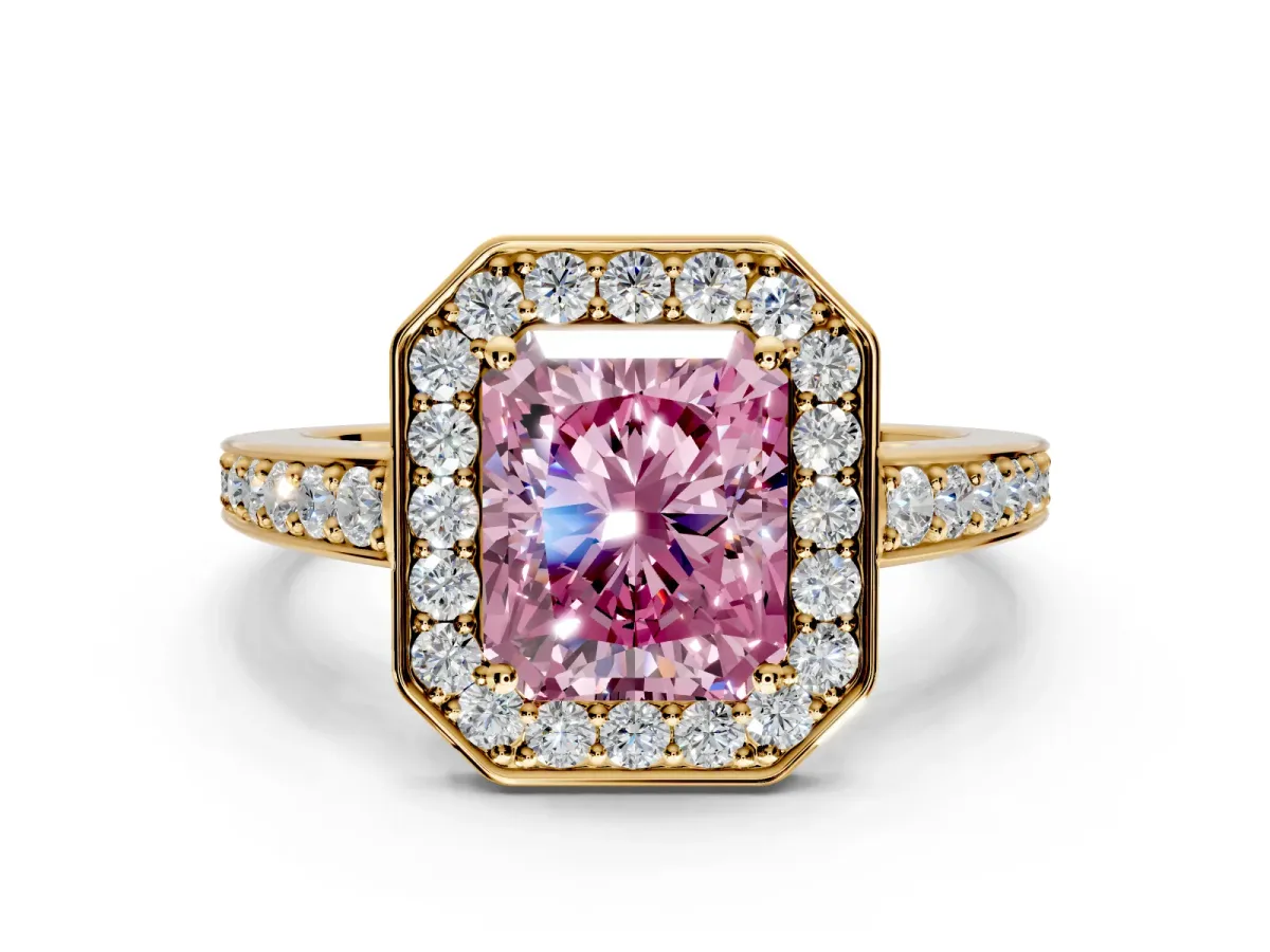 Bezel-Framed Halo Engagement Ring Setting for Fancy Pink Radiant Cut Center with Pave Band and Prong Head in Yellow Gold