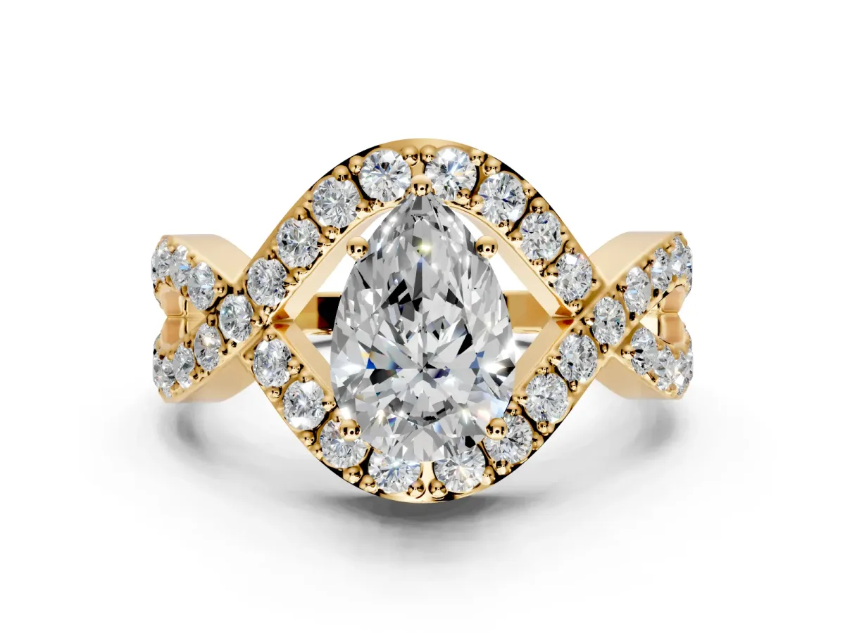 Halo Engagement Ring Setting for Pear-Shaped Center with Pave Infinity Twist Band and Prong Head in Yellow Gold