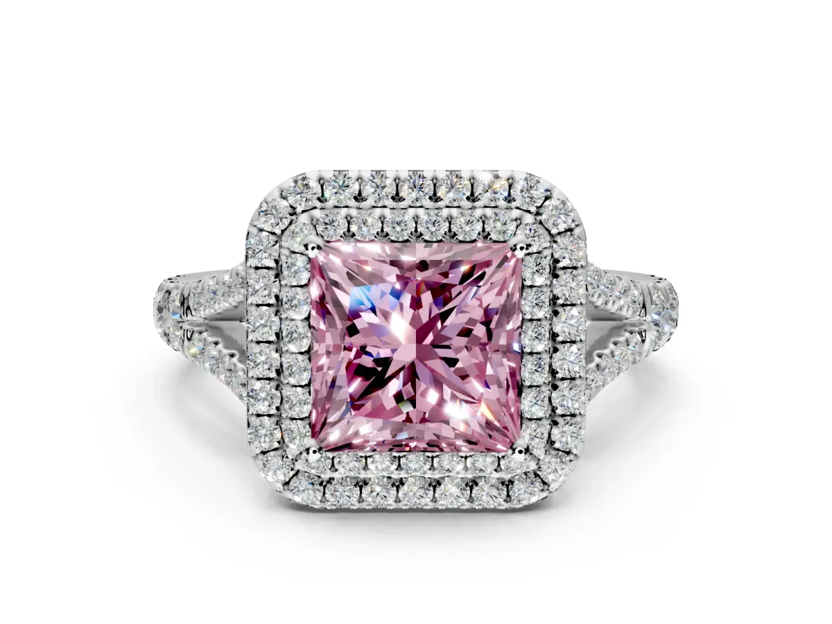 Double Halo Engagement Ring Setting for Fancy Pink Princess Cut Center with Narrow Pave Split Shank and Prong Head in White Gold