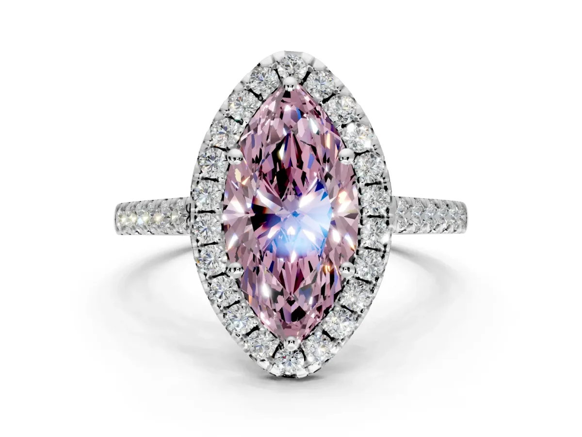 Halo Engagement Ring Setting for Fancy Pink Marquise Center with Narrowing Pave Band and Prong Head in White Gold