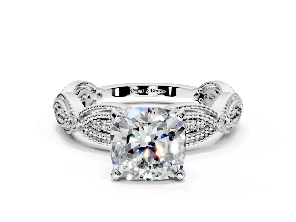 Solitaire Engagement Ring Setting for Cushion Cut Center with Marquise Panel Band and Prong Head in Platinum