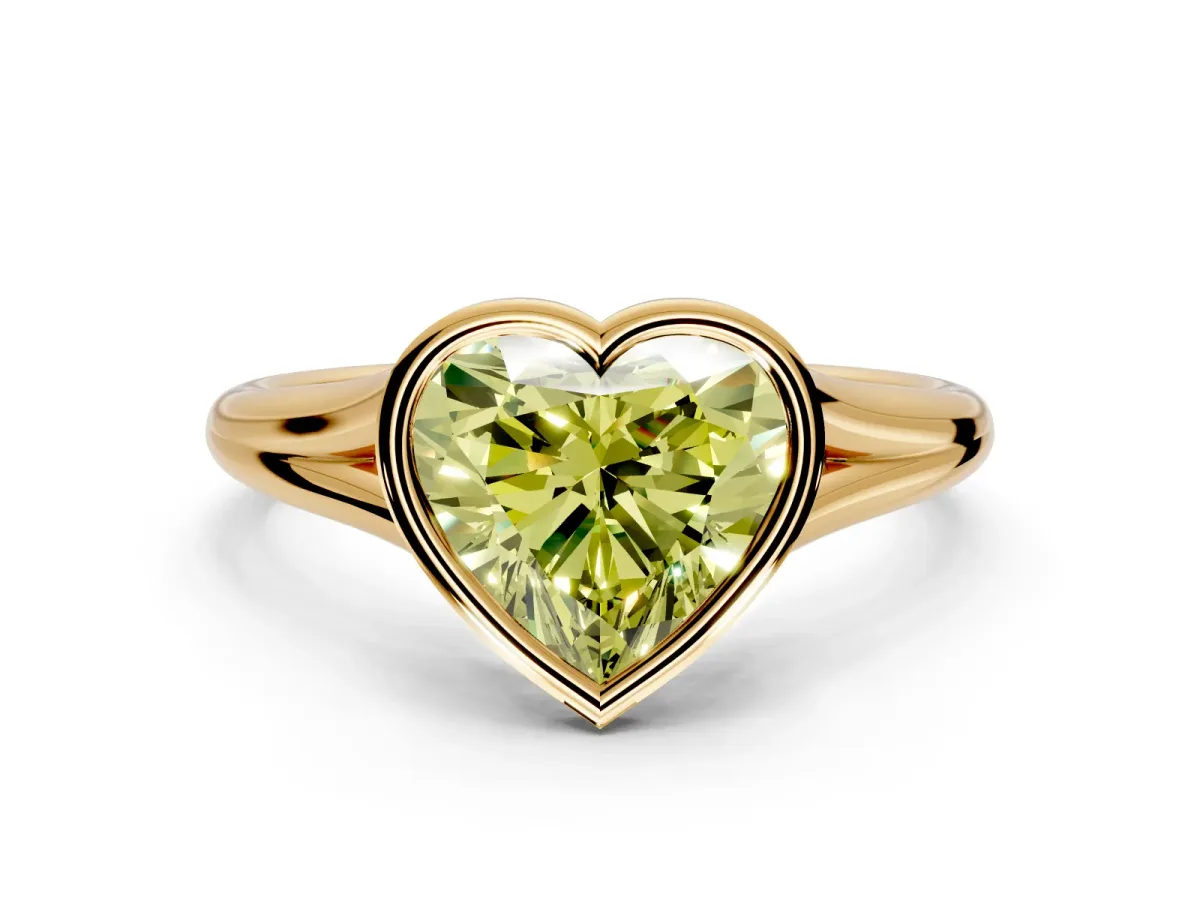 Solitaire Engagement Ring Setting for Fancy Yellow Heart-Shaped Center with V Split Shank and Bezel Head in Yellow Gold