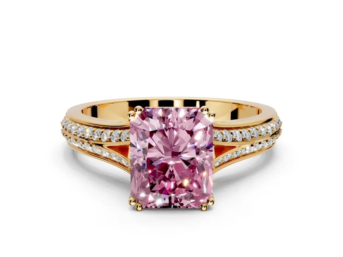 Solitaire Engagement Ring Setting for Fancy Pink Radiant Cut Center with Pave Rail Split Shank and Prong Head in Yellow Gold