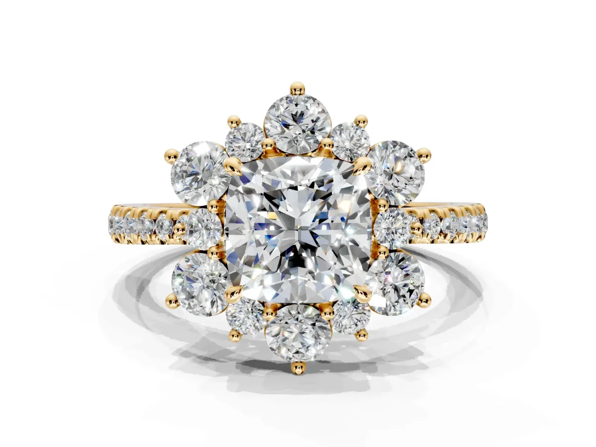 Floral Halo Engagement Ring Setting for Cushion Cut Center with Pave Accents and Prong Head in Yellow Gold