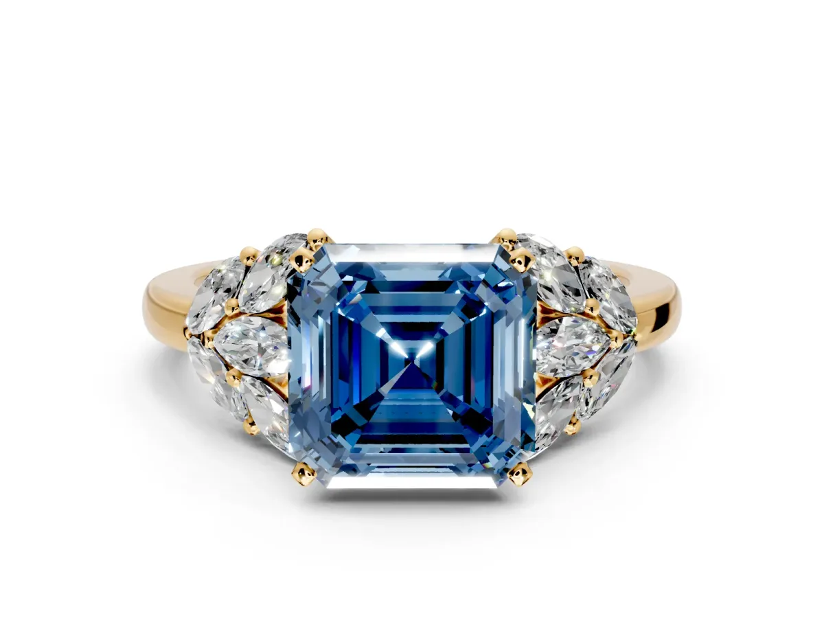 Leaf Cluster Engagement Ring Setting for Fancy Blue Asscher Cut Center with Marquise Accents and Prong Head in Yellow Gold