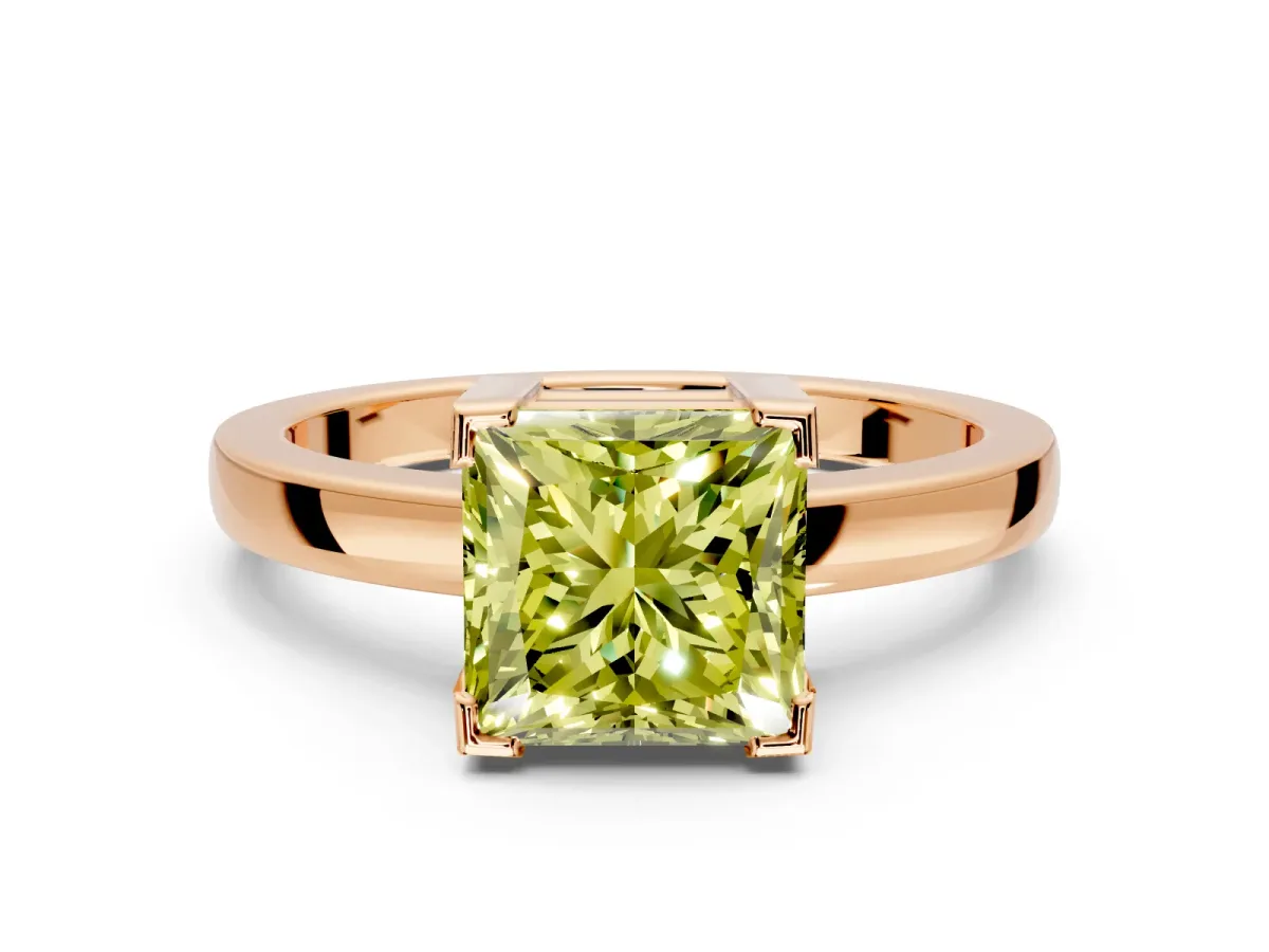 Solitaire Engagement Ring Setting for Fancy Yellow Princess Cut Center with Plain Band and Flat Tab Prong Head in Rose Gold