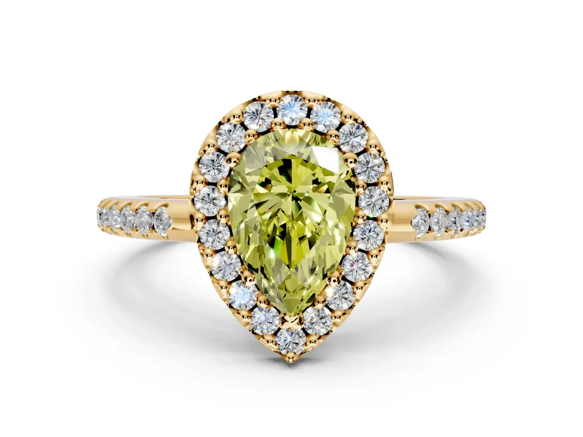 Pave Halo Engagement Ring Setting for Fancy Yellow Pear-Shaped Center with Single Row Pave Band and Prong Head in Yellow Gold