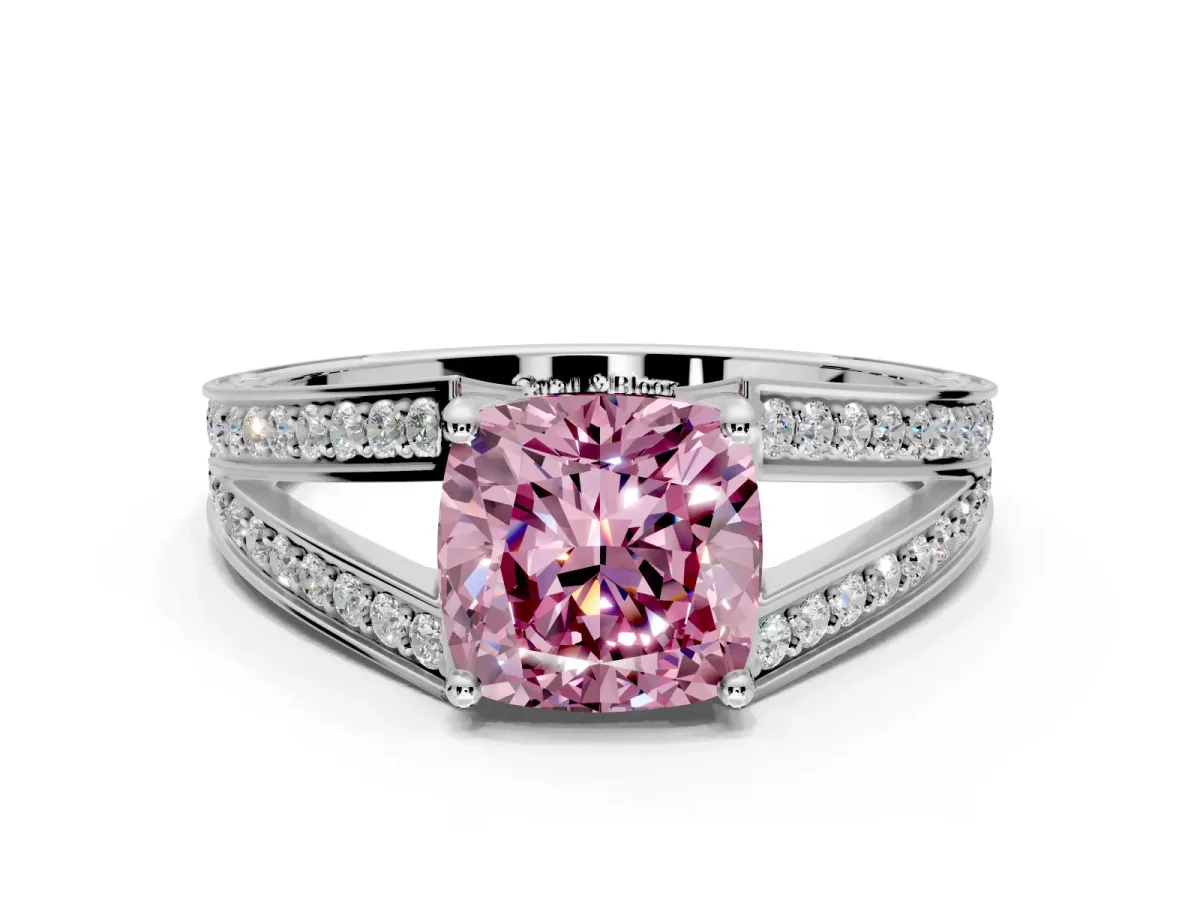 Split Shank Engagement Ring Setting for Fancy Pink Cushion Cut Center with Pave Split Shank and Prong Head in Sterling Silver