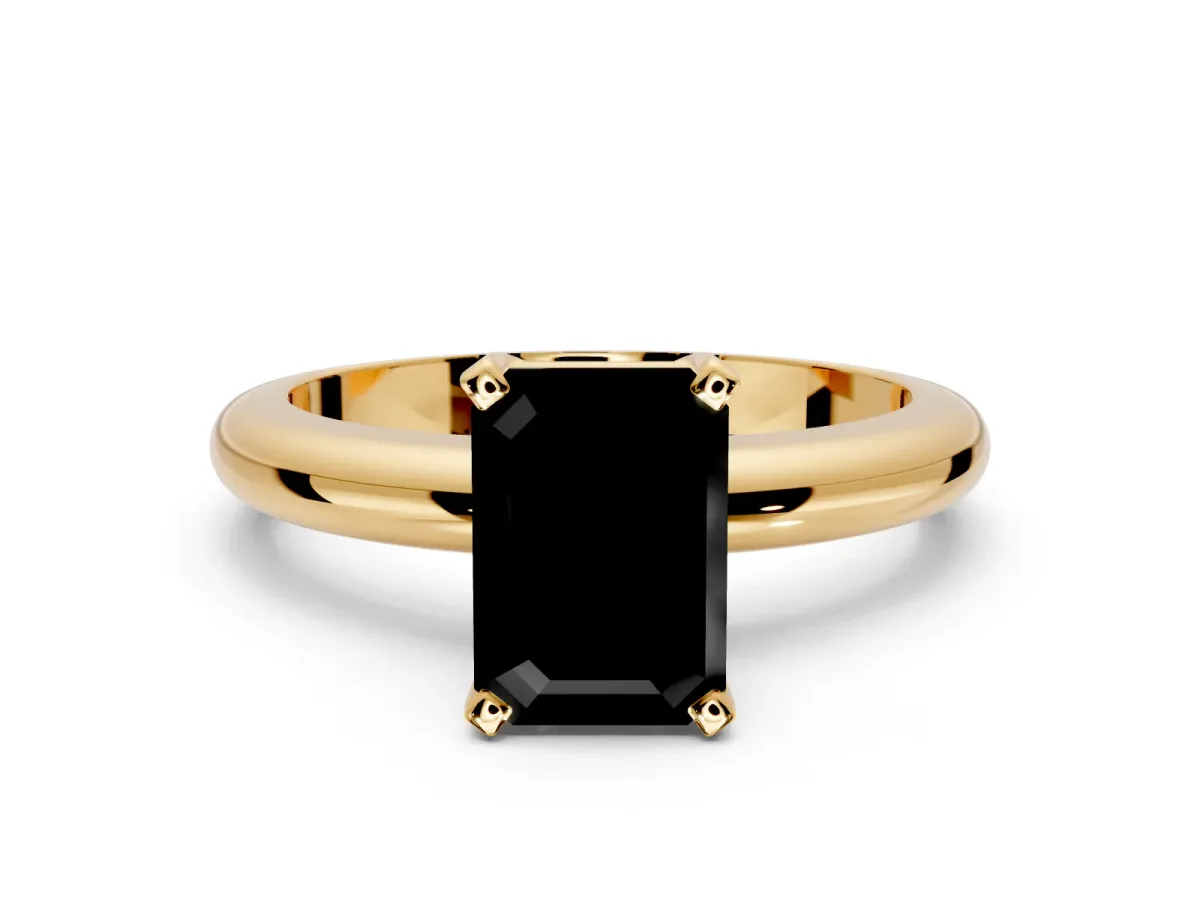 Solitaire Engagement Ring Setting for Fancy Black Emerald Cut Center with Wire Band and Prong Head in Yellow Gold