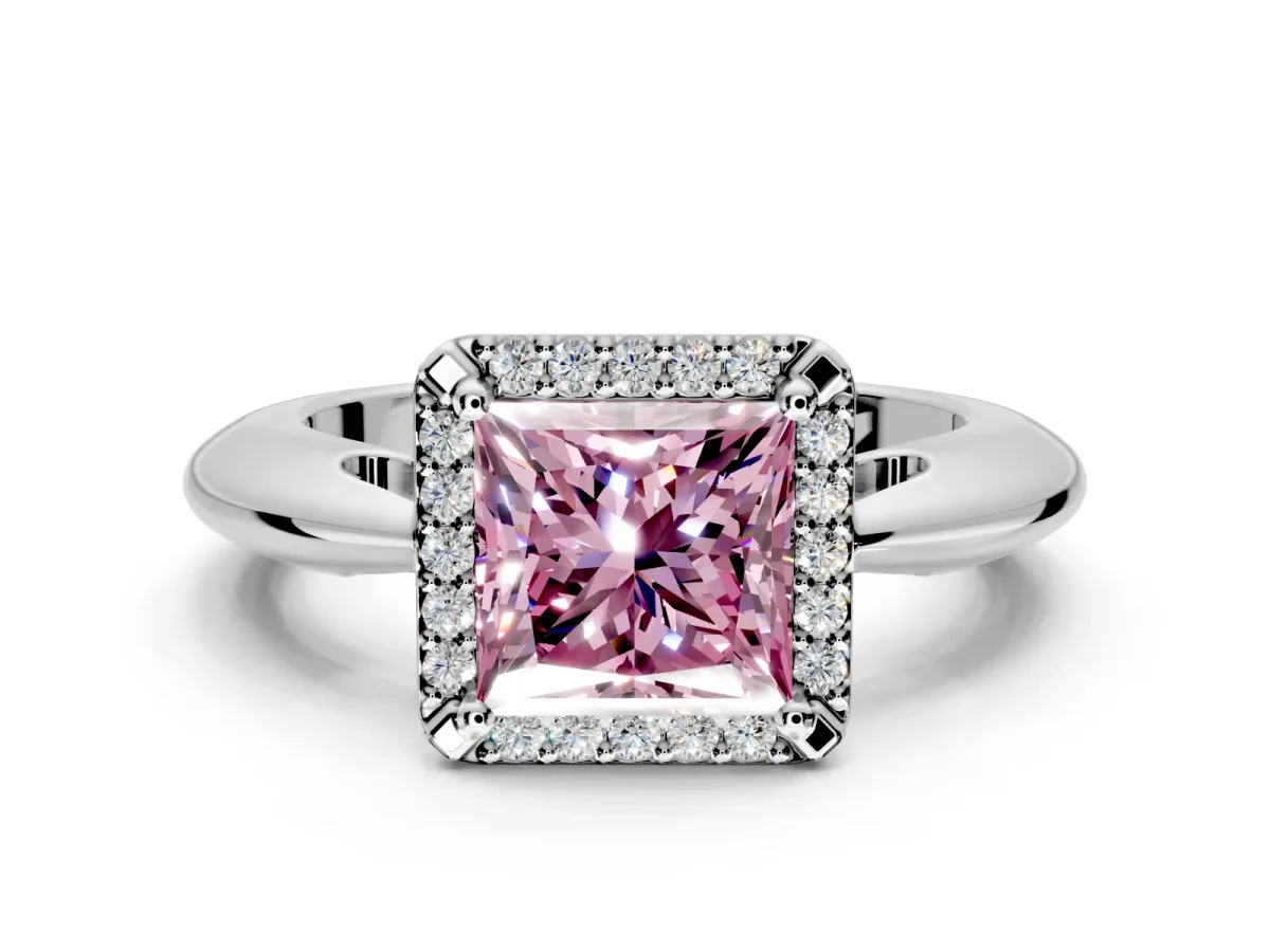 Halo Engagement Ring Setting for Fancy Pink Princess Cut Center with Tapered Plain Band and Prong Head in White Gold