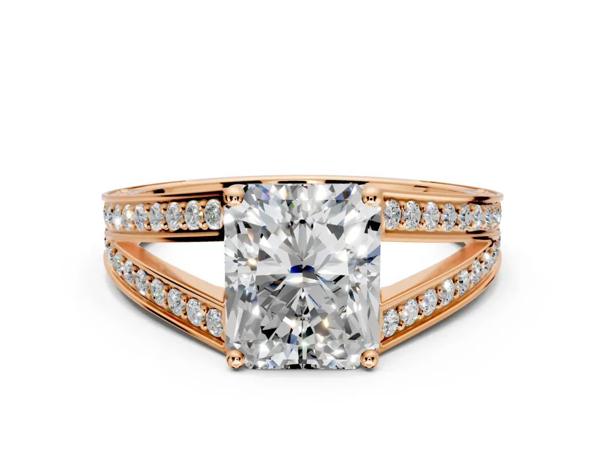 Split Shank Engagement Ring Setting for Radiant Cut Center with Pave Split Shank and Prong Head in Rose Gold