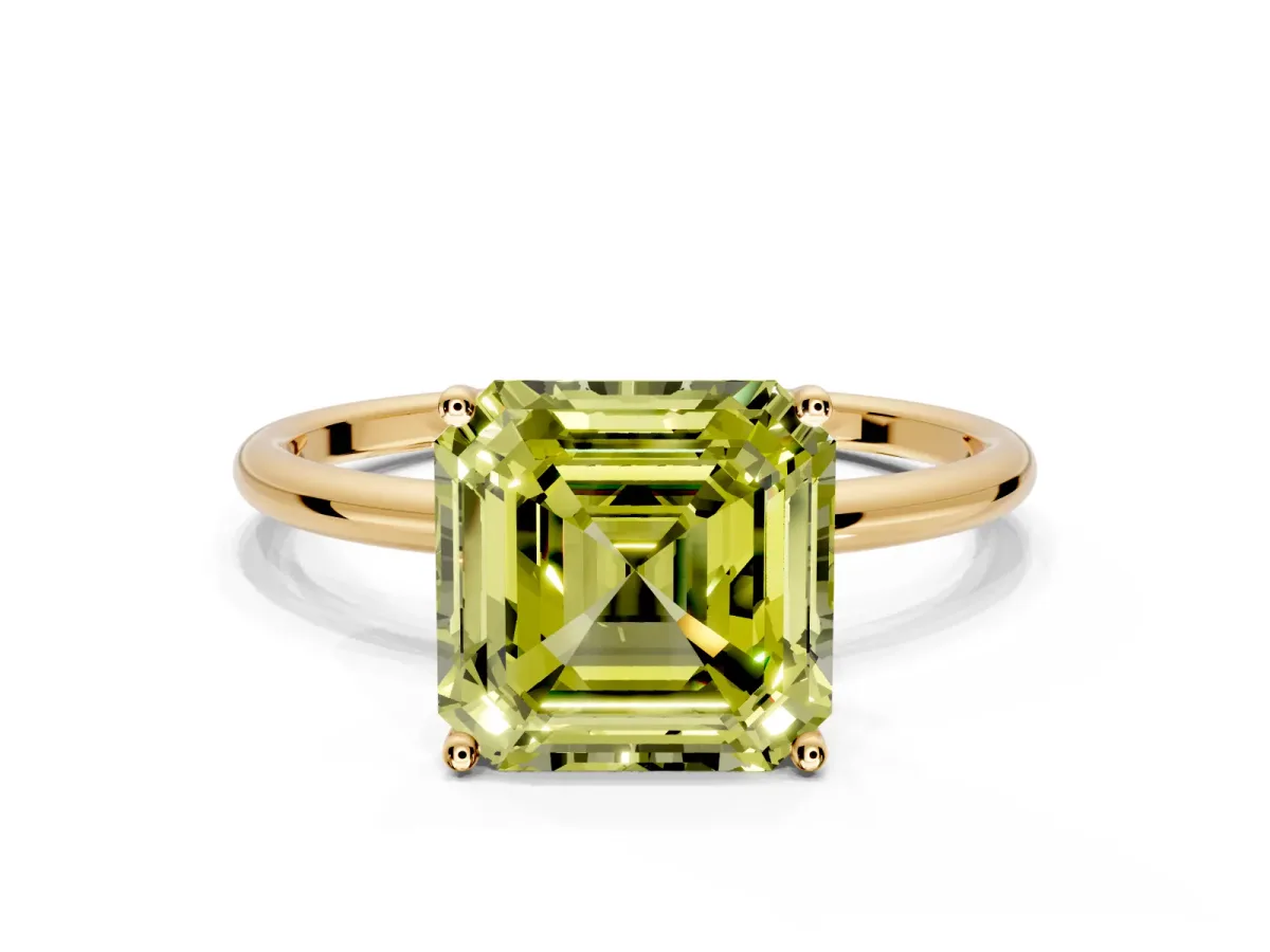 Solitaire Engagement Ring Setting for Fancy Yellow Asscher Cut Center with Straight Thin Band and Prong Head in Yellow Gold