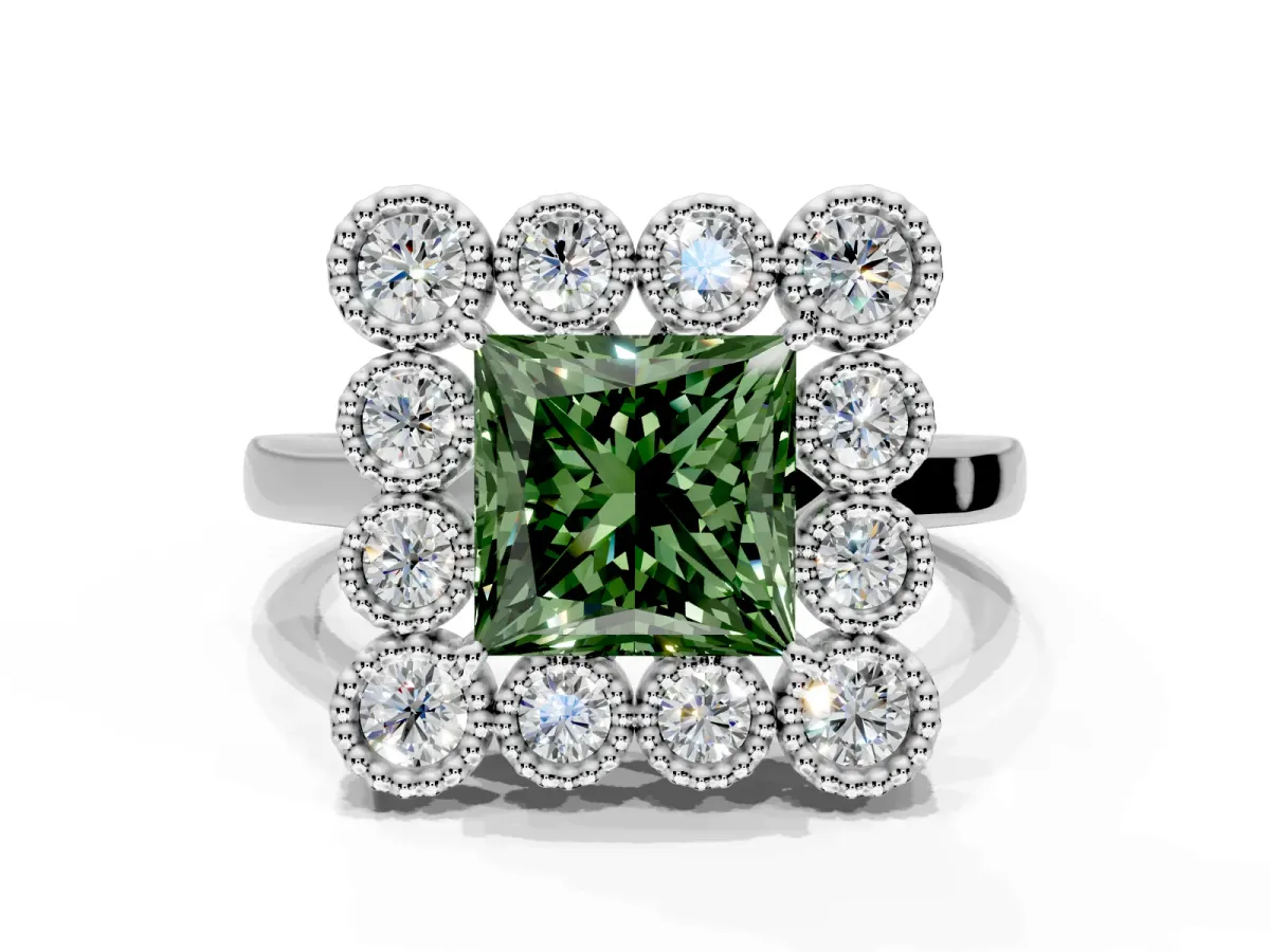 Cluster Halo Engagement Ring Setting for Fancy Green Princess Cut Center with Milgrain Bezel Accents and Prong Head in White Gold