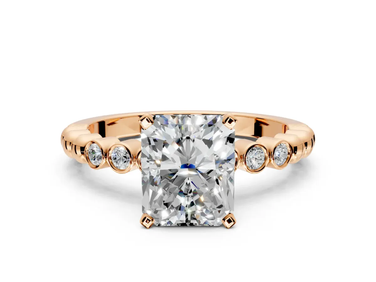 Solitaire Engagement Ring Setting for Radiant Cut Center with Bezel-Dot Beaded Band and Prong Head in Rose Gold