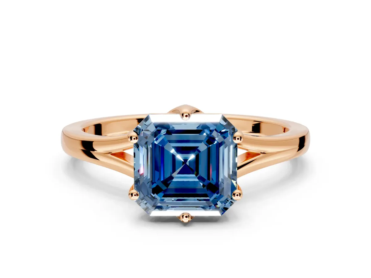 Solitaire Engagement Ring Setting for Fancy Blue Asscher Cut Center with Plain Split Shank and Prong Head in Rose Gold