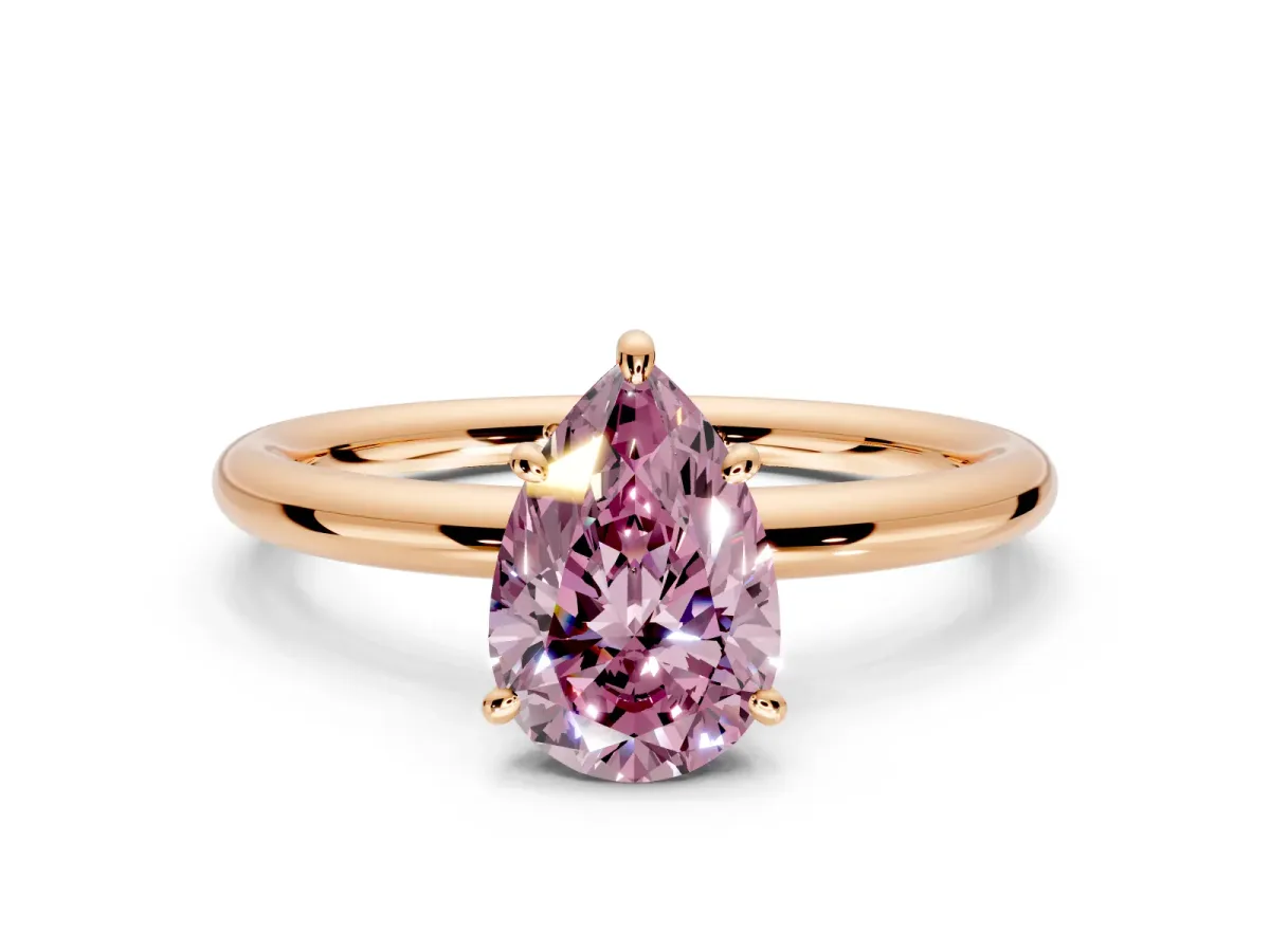 Low-Set Solitaire Engagement Ring Setting for Fancy Pink Pear-Shaped Center with Thin Plain Band and Prong Head in Rose Gold
