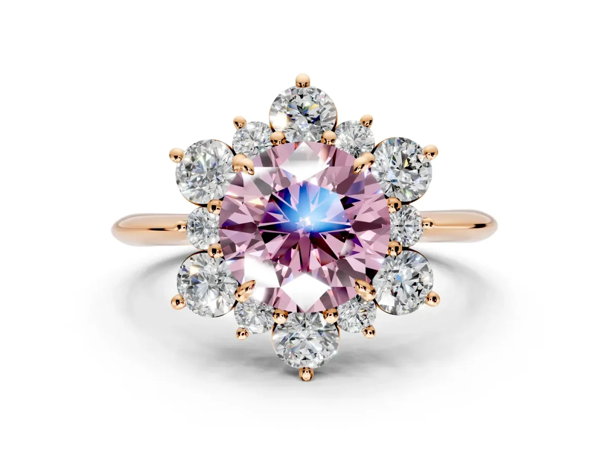 Small-Accent Cluster Halo Engagement Ring Setting for Fancy Pink Round Cut Center with Plain Band and Prong Head in Rose Gold