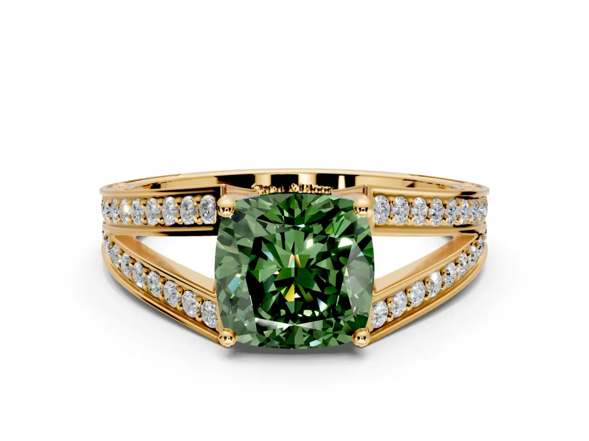 Split Shank Engagement Ring Setting for Fancy Green Cushion Cut Center with Pave Split Shank and Prong Head in Yellow Gold
