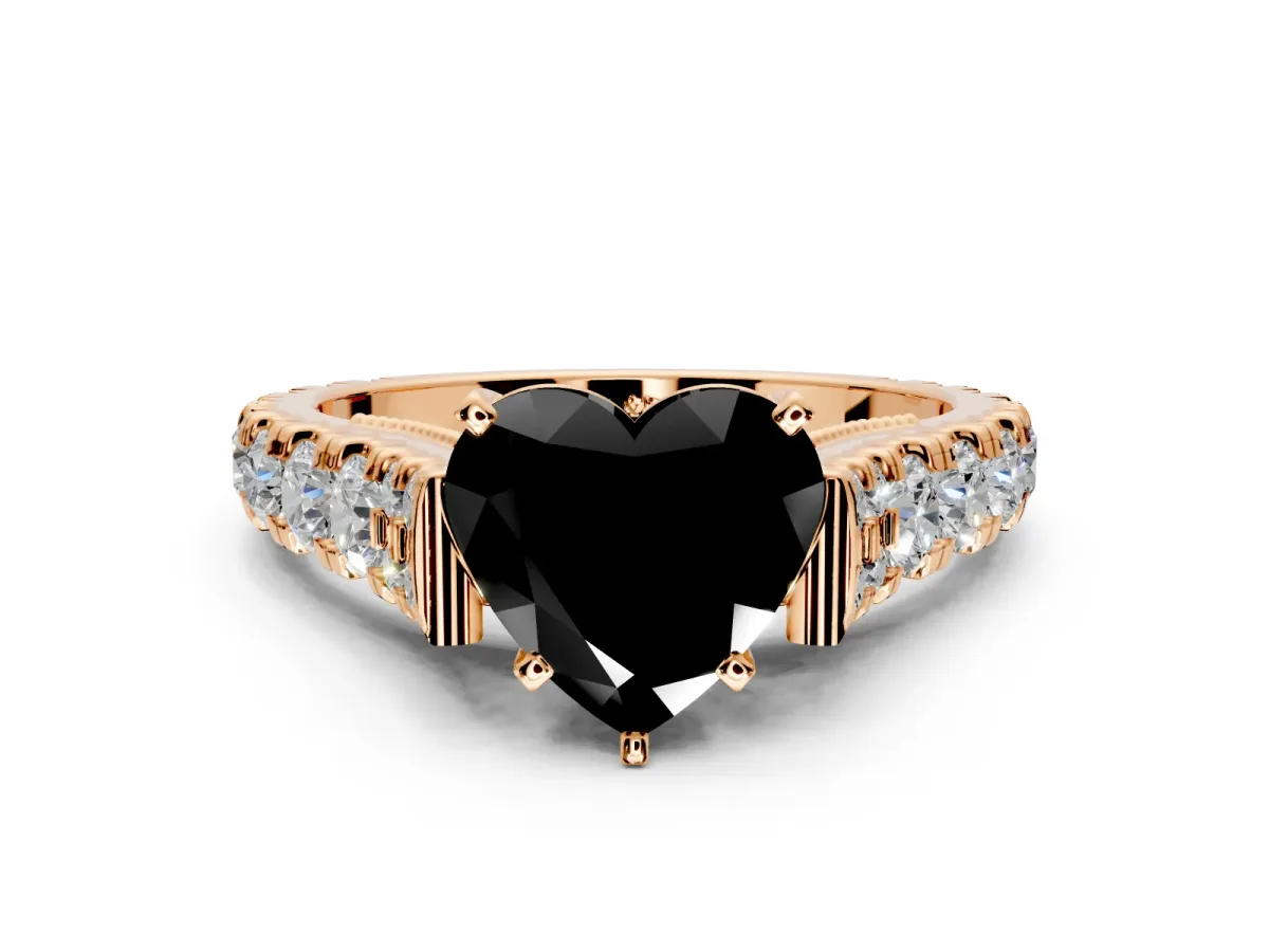 Solitaire Engagement Ring Setting for Fancy Black Heart-Shaped Center with Pave Cathedral Shoulders and Prong Head in Rose Gold