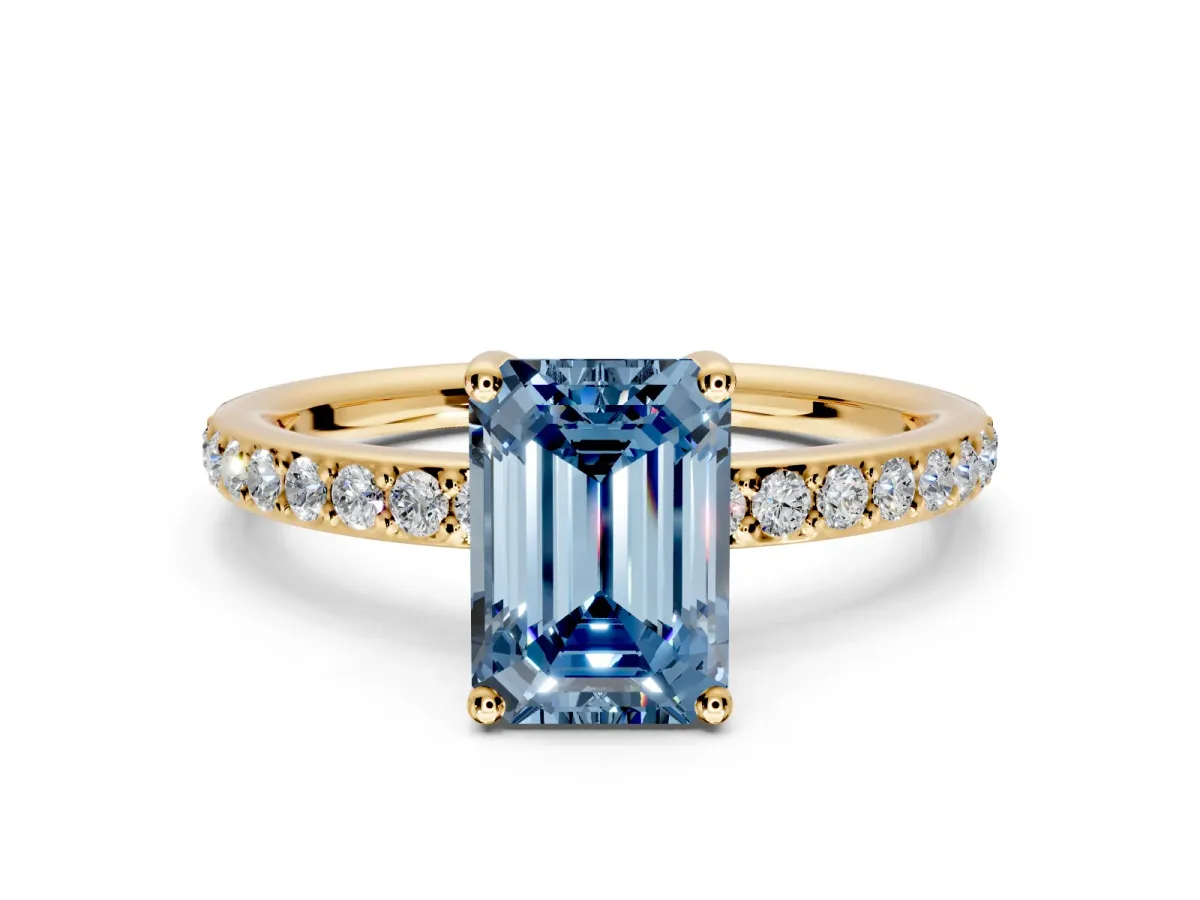 Solitaire Engagement Ring Setting for Fancy Blue Emerald Cut Center with Fine Pave Band and Prong Head in Yellow Gold