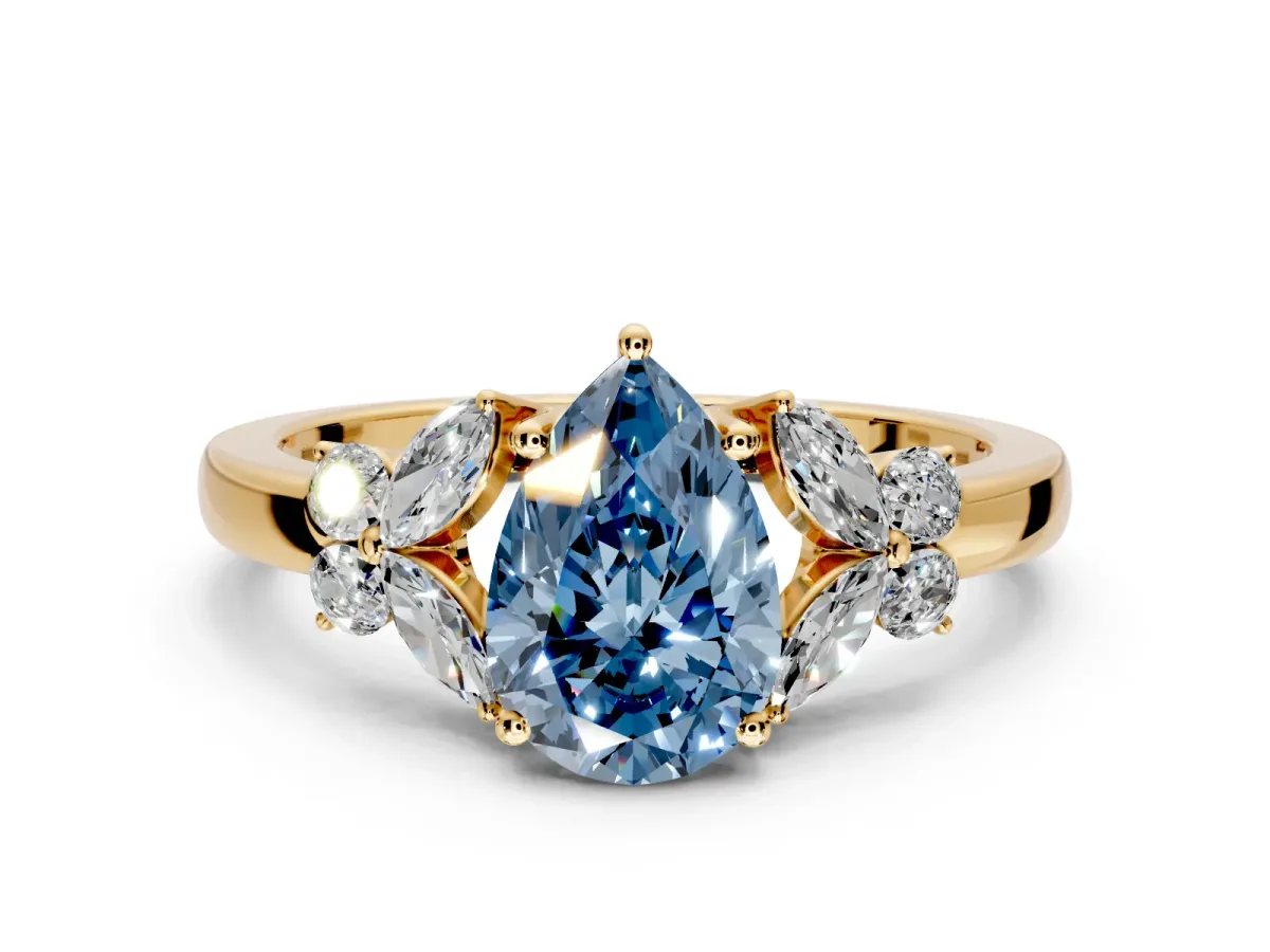 Solitaire Engagement Ring Setting for Fancy Blue Pear-Shaped Center with Marquise Flower Shoulders and Prong Head in Yellow Gold