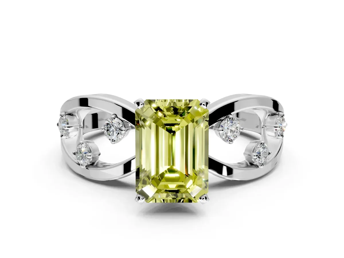 Solitaire Engagement Ring Setting for Fancy Yellow Emerald Cut Center with Criss-Cross Accent Band and Prong Head in Platinum
