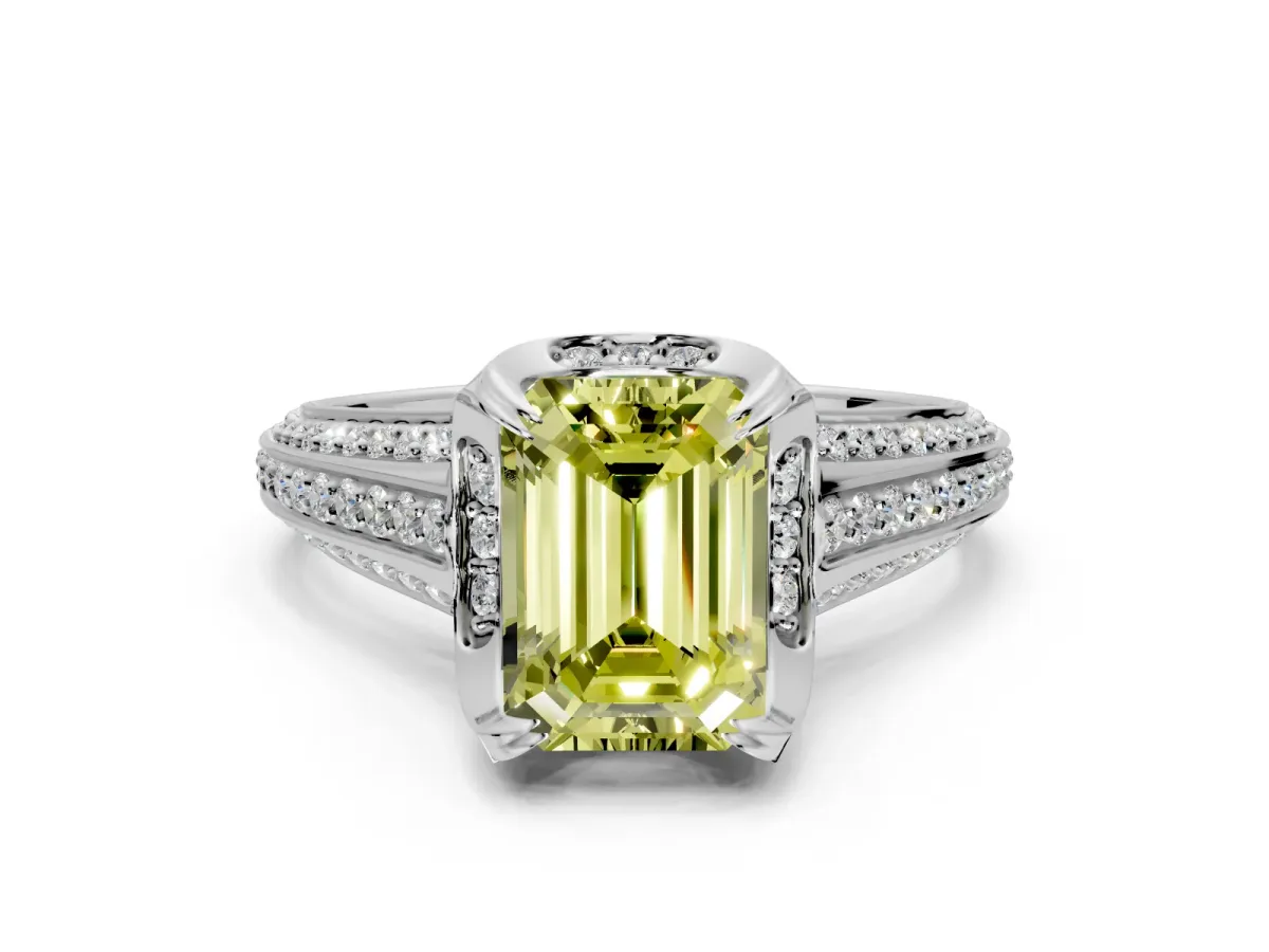Solitaire Engagement Ring Setting for Fancy Yellow Emerald Cut Center with Accented Split Shank and Prong Head in Platinum