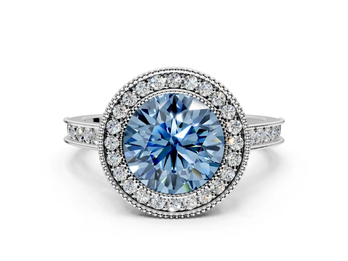 Halo Engagement Ring Setting for Fancy Blue Round Cut Center with Milgrain Pave Band and Bezel Head in Sterling Silver